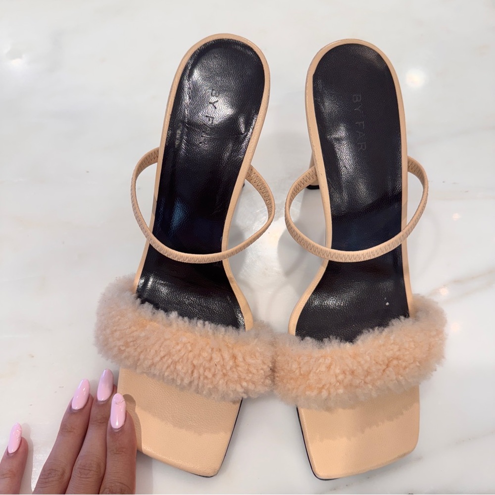 BY FAR Cream Fur Strap Heels